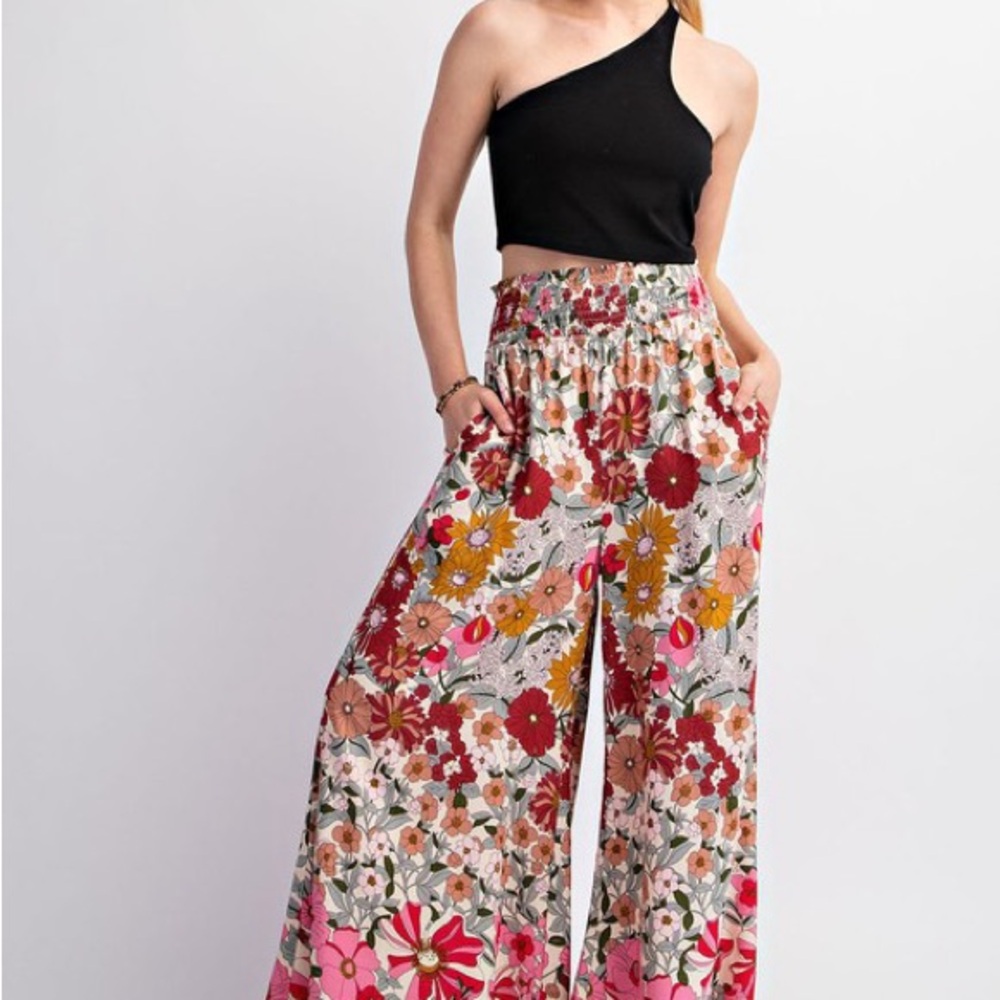Vibrant Red and Pink Wide Leg Floral Pants